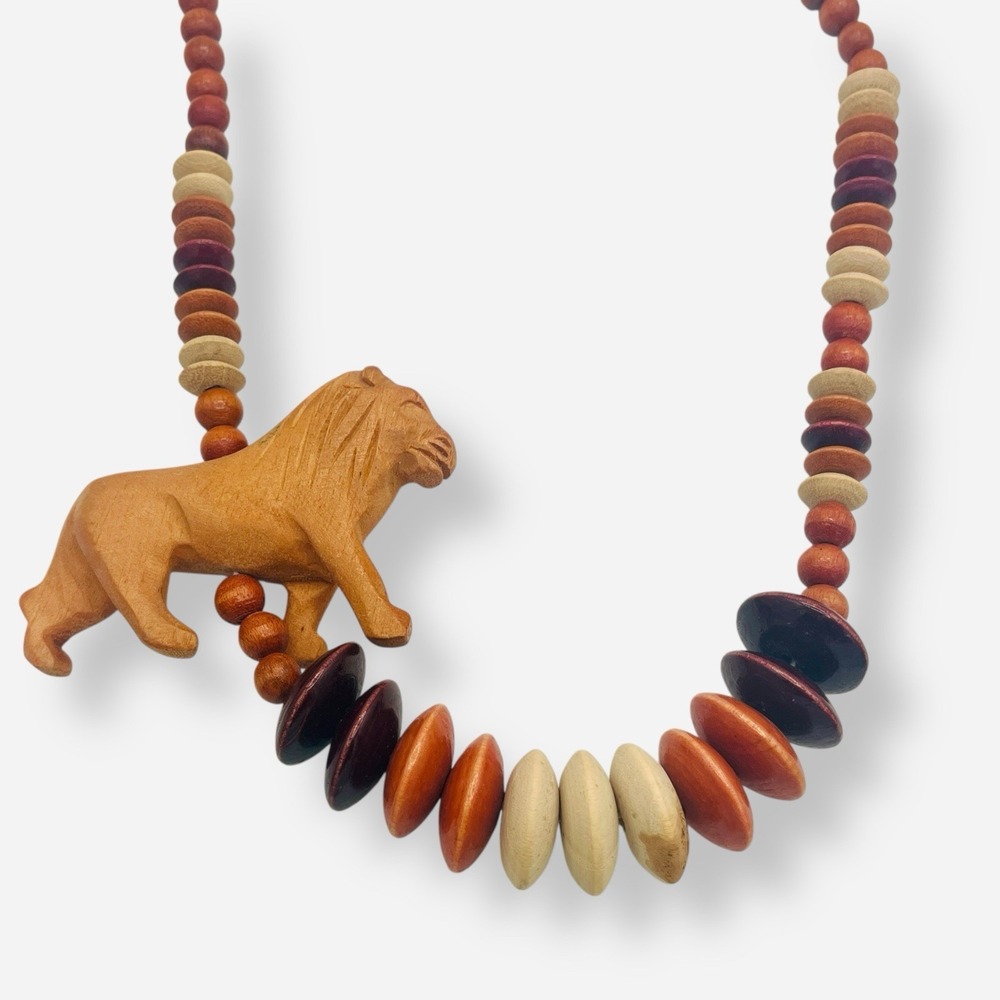 Large Bold Wood‎ Safari Statement Necklace Lion Carved 27"